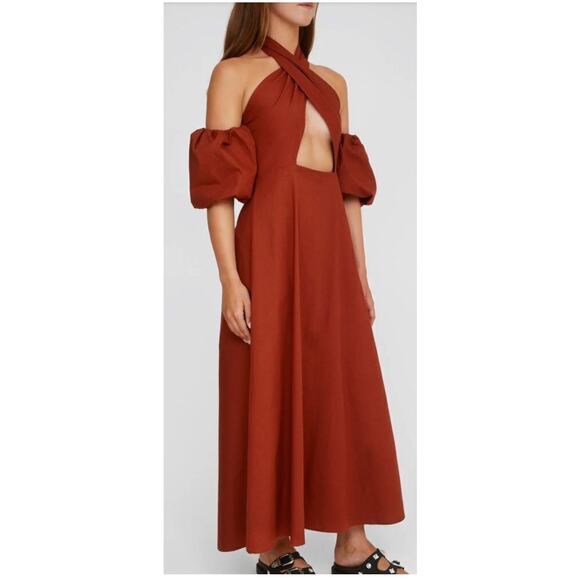 Nasty Gal NWT halter cut out puff sleeve maxi dress in rust gorgeous size 2 - Picture 2 of 9